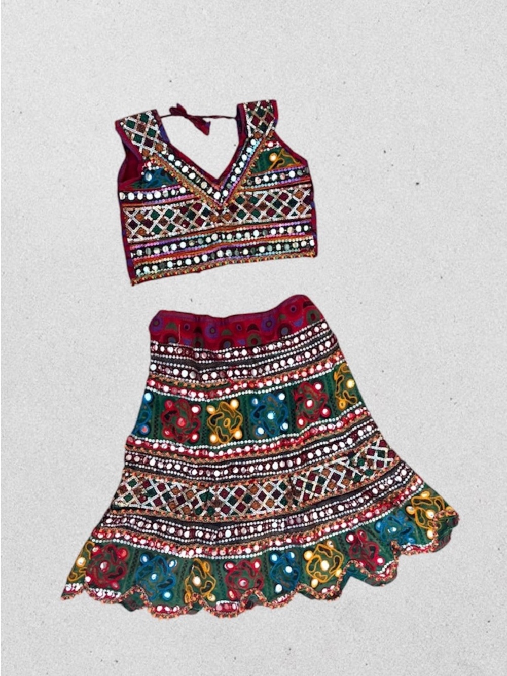 Vintage Mirror Work Boho 2pc Set - Halter Top + Skirt